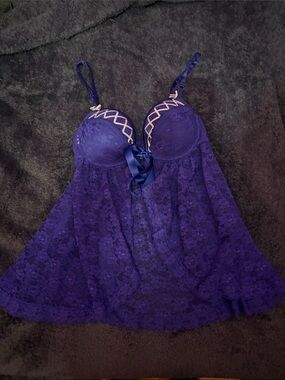 La SENZA Blue Lace Plunge Babydoll Chemise with Ribbon